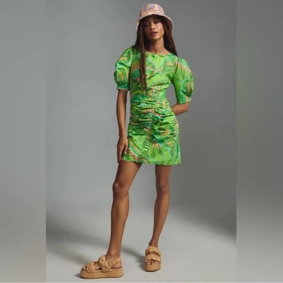 ▶️ FARM Rio ◀️ Anthropologie Puff-Sleeve Mini dress  NWOT Green pink - Picture 1 of 16